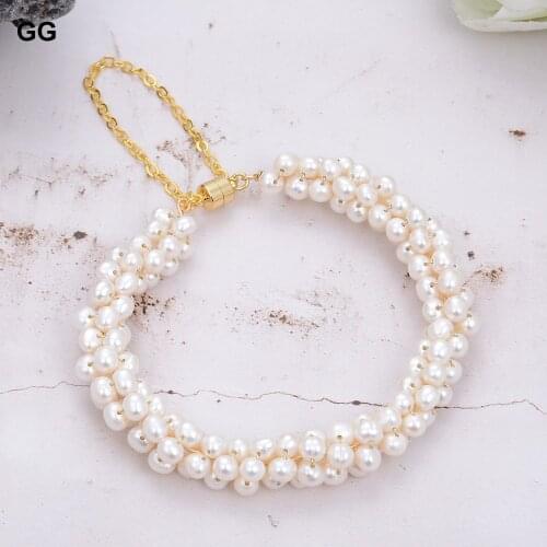 GuaiGuai Jewelry Handmade Natural Cultured White Pearl Bracelet Adjustable For Women
