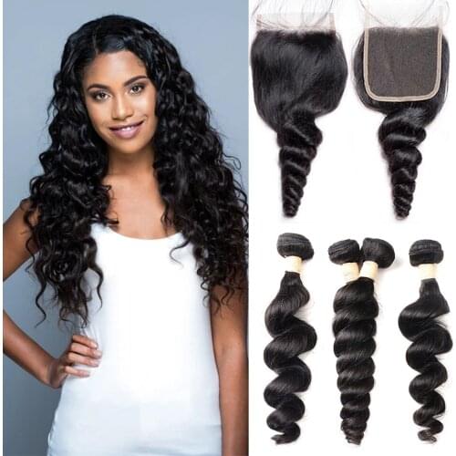 Hairmoda Peruvian loose Wave Bundles with Closure 4 Bundles with Closure Natural Human Hair Weaving with Closure