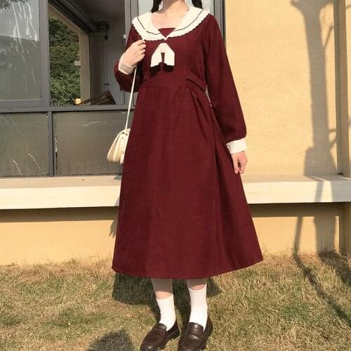 Japanese Style Sailor Collar Waist Slimming kawaii clothing sweet lolita dress Retro College Long Sleeve Mid-Length Dress Tide