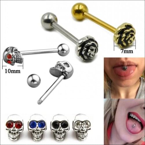 1PC Surgical Steel Charming Rose Flower Tongue Barbell Piercing Crystal CZ Gem Skull Head Tongue Barbell Rings Jewelry 14g