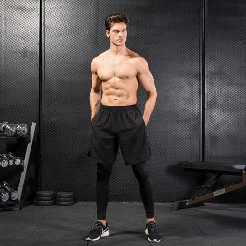 Mens Tight False Two Piece Fitness Workout Running Gym Jogging Pants Leisure Quick Drying Compression Trousers Leggings 7010