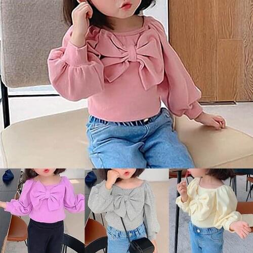 Newborn Girls Stylish Comfortable Practical Convenient Rib Long Sleeve Bowknot O-Neck Spring Autumn Blouse Basic T-shirt