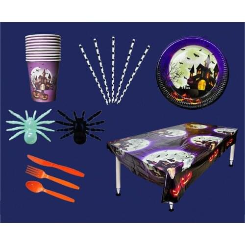 Halloween Disposable Tableware Set Cartoon Hallowmas Paper Plates/Cups/Straw Luminous Spider Decor Supplies