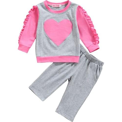 2021 Autumn Toddler Kids Baby Girl Ruffles Sleeve Heart Pullover Tops Long Pant 2PCS Girls Clothing Set