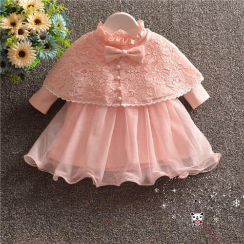 Autumn new baby dress with shawl pink lace bow baby girl christening gowns 1 year birthday dress baby girls clothes for 0-18M