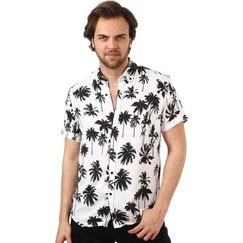 Black Mens Relax Fit Cropped Collar Summer Mens Short Sleeve Summer Mens Palm print short sleeve slimfit viscose shirt