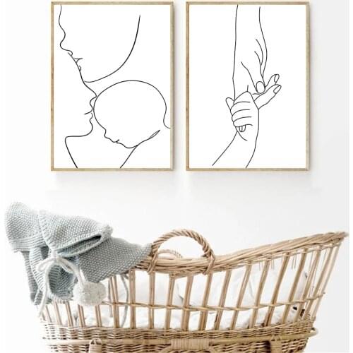 Family Love Canvas Poster Dad Mom Newborn Baby Line Hand Wall Art Print Abstract Painting Nursery Wall Pictures Kids Room Decor