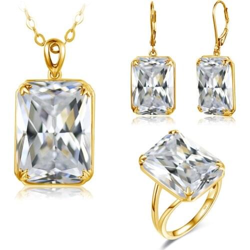 Szjinao 14K Gold Jewellery Sets For Women Sparkling Diamond Pendant Earrings Ring Set Rectangle Gemstone Real Silver 925 Jewelry