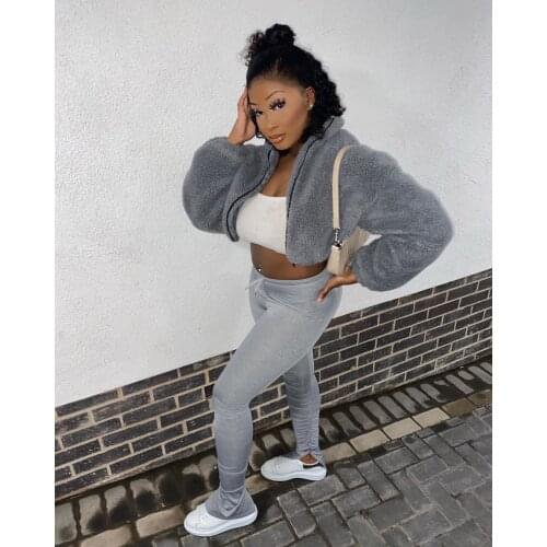 Ueteey New Two-piece Casual Turndown Collar Zipper Design Grey Two Piece