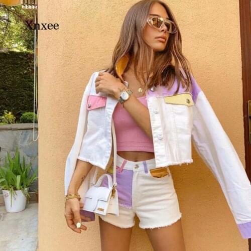 Spring and Autumn Womens Sweet Irregular Candy Color Cloth Stitching Short Shirt Jacket Long Sleeve Button Jacket Chic Top