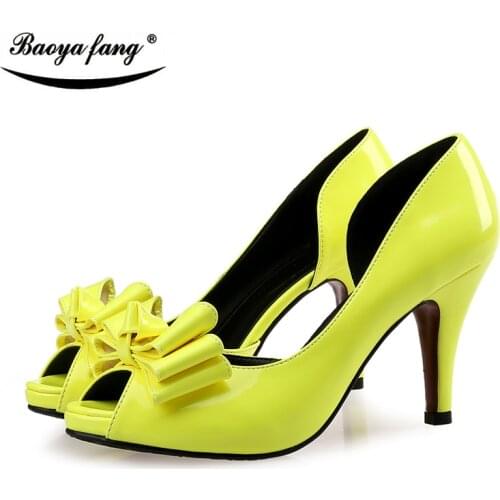 Patend leather Lemon yellow Summer sandals womens shoes Peep toe Platform shoes Plus size fish toe woman Sandals ladies bowknot