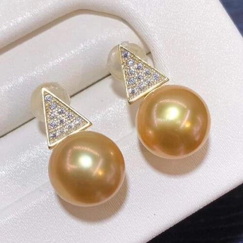 D928 Pearl Earrings Fine Jewelry 925 Sterling silver Round 9-10mm Nature Sea Water Golden Pearls Stud Earrings for Women