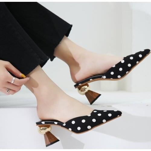 Brand 2021 Fashion Mules Polka Dot Women High Heels Shoes Women Pointed Toe Slip on Flip Flops Women Slippers Pump