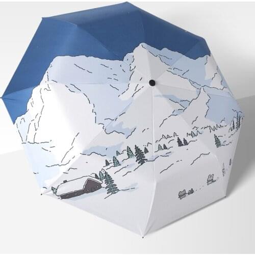 Womens Folding Umbrella Black Coating Men Sun Umbrellas Art Printing Snow Mountain Windproof Parasol Anti-UV Womens Umbrellas