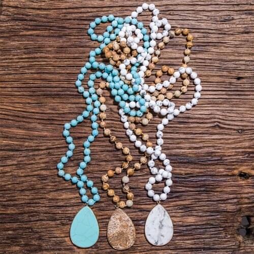 8mm Picture Jaspers, Howlite, Turquoise Beads Knotted Necklace Meditation Yoga Jewelry 108 Japamala Rosary Natural Stone Pendant