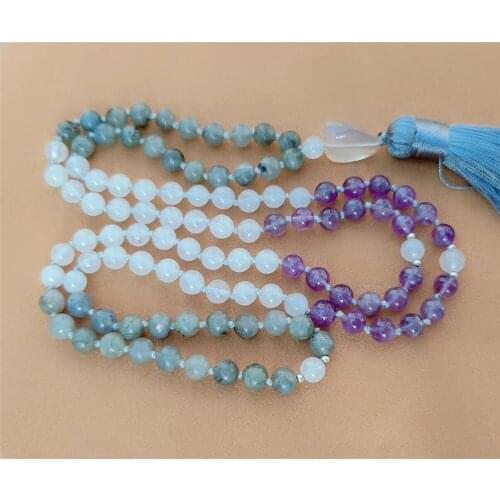 6mm Amethyst Moonstone 108 Beads Tassel Knotted Necklace Handmade Chakra Bracelet Fancy Colorful Chic Elegant Bless