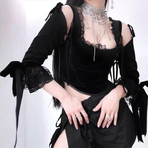 Women Hollow Out Tshirt Long Sleeve Crop Top Punk Streetwear Gothic Tee