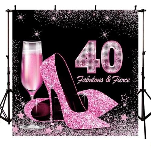 Happy 40th Birthday Party Photography Backdrops High Heels Wine Balloon Purple Glitter Photographic Background for Photo Studio