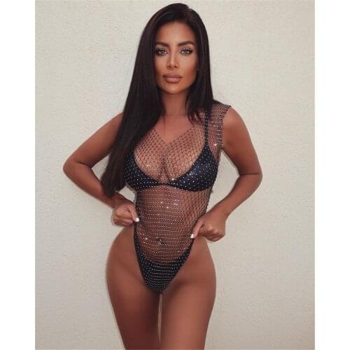 FUFUCAILLM Fishnet Rhinestone Bodysuit Women Sexy V-Neck Close-fitting Bodysuit Hollow Out See-through Exotic Teddies