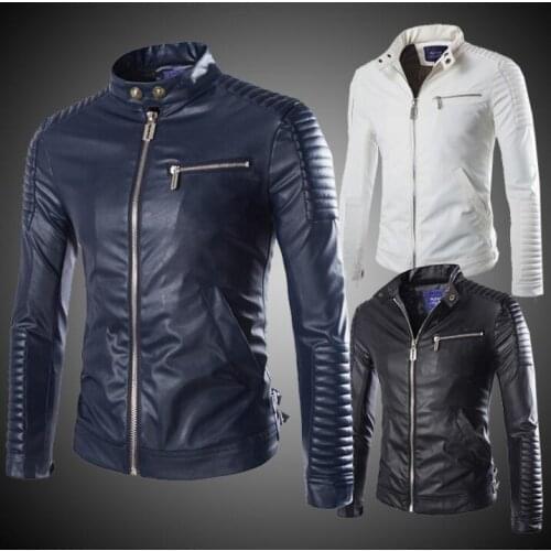 Personalized motorcycle mens leather jacket slim coat rock punk jackets jaqueta de couro street fashion stand collar black white