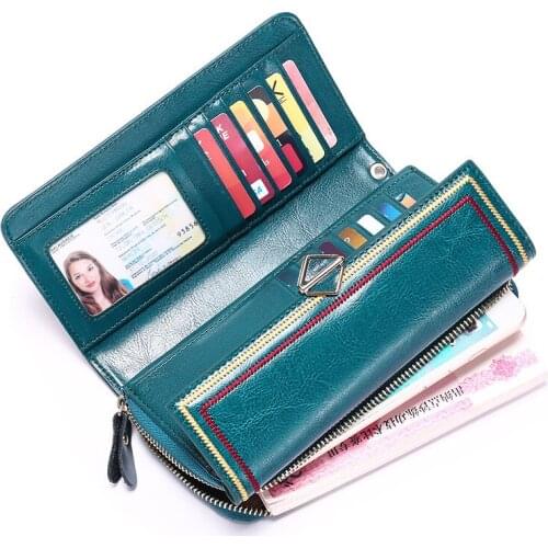 RFID Blocking Women Clutch Cowhide Leather Wallet Female Long Wallet Women Zipper Purse Strap Money Bag Purse For Phone Wallets