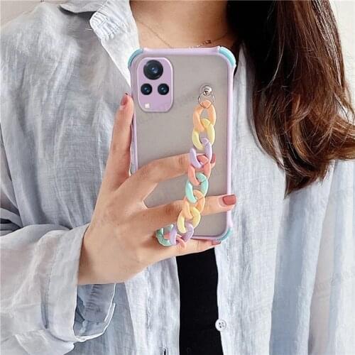 Skin Feel Matte Silicone Shockproof Phone Case For VIVO X60 X50 Pro Plus V21 5G S9E S9 V20 Y72 Y20 Rainbow Wriststrap Back Cover