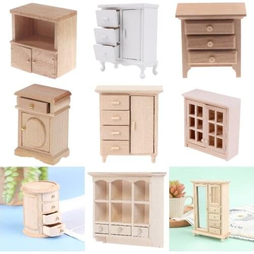 1:12 Dollhouse Miniature Wooden Cabinet Wardrobe Doll House Handcrafted Bedside Table Furniture Model Decor Mini Cabinet