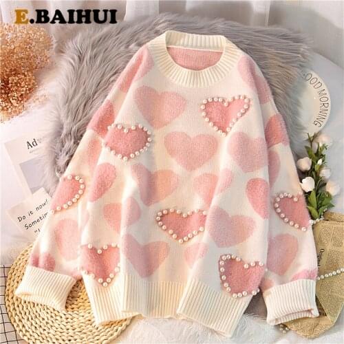 EBAIHUI 2021 New Spring Sweet Sweaters for Girls Heart Patterns O Neck Pullovers Pearl Decoration Loose Women Sweaters Jumpers