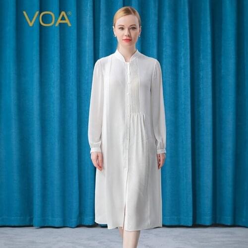 VOA Heavy Silk Milk White Collar Single-breasted Asymmetric Stitching Three-dimensional Fold Long-sleeved Shirt Dress AE607