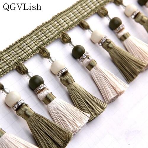 QGVLish 14M/lot Jade Curtain Tassel Fringe Lace Trim DIY Sewing Sofa Stage Valance Curtain Accessories Lace Ribbon Belts Trims