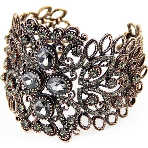 Sunspicems 2020 Retor Gold Color Bohemia Bangle Cuff Bracelet for Women Gray Rhinestone Elastic C Shape Turkish Vintage Gift New