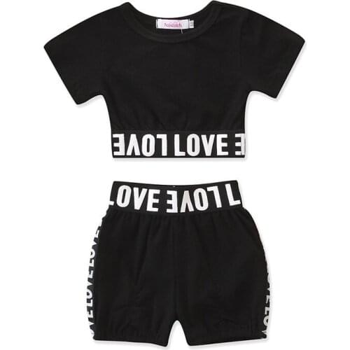 Girl Kid Child Black Clothing Sets Short Sleeve Letter Crop Top T +shirt Shorts 2PCS New Summer Casual Sunsuit Outfit 2-6 years