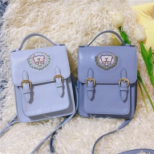 Japanese Style Kawaii Bear Embroidery PU Shoulder Bag JK Uniform Handbag Small Square Single Bag School Student Phone bag 7Color