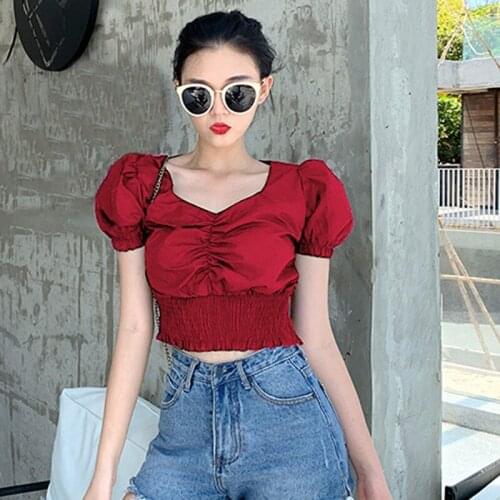 Womens Puff Sleeve Blouse Square Collar Solid Color Crop Tops Lady Short Sleeve Blouse Shirt