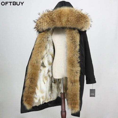 OFTBUY X-long Women Parka Waterproof Outerwear Real Fur Coat Natural Raccoon Fur Collar Real Rabbit Fur Liner Detachable Warm