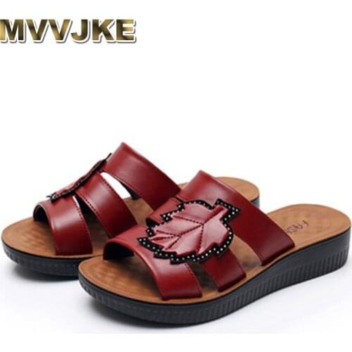 MVVJKE 2020New Summer Woman Sandals Ladies Soft Leather Casual Flat Slippers Slip On Comfortable Women Shoes