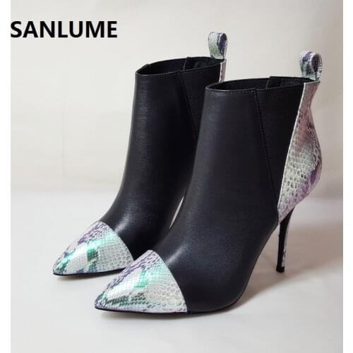 SANLUME Women Sexy 100% reakl Genuine leather Ankle Boots thin heels high heels Boots pointed Party club boots Leather