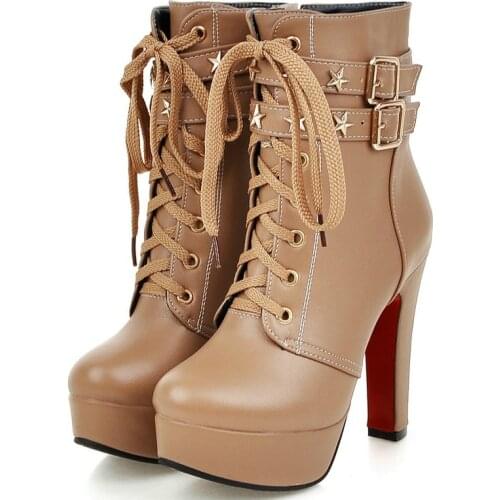 White Platform Ankle Boots Women 2021 Autumn Winter High Heels Lace Up Short Boots Sexy Rivets Party Shoes Large Size