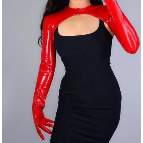 Womens patent red pu Leather Conjoined Long gloves female ultra long fashion long leather party glove R641