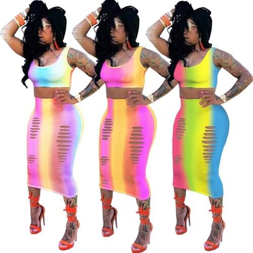 Plus Size XXL XXL 3 Colors 2 Pieces Suits Summer Colorful Striped Print Cutout Hole Midi Skirt Sleevless Crop Top 2PCS Set Women
