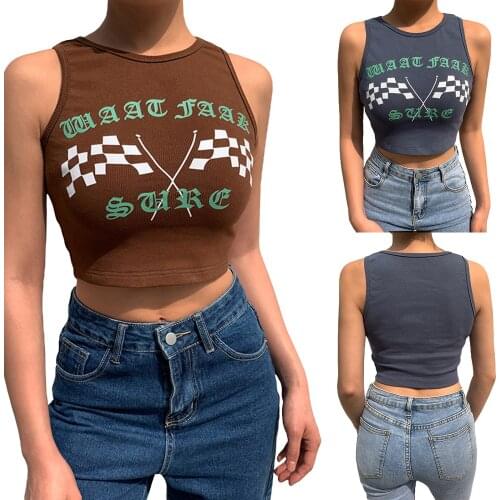2021 New Women’s Casual Round Neck Knitted Vest Fashion Racing Flag Pattern Exposed Navel Sleeveless Tops