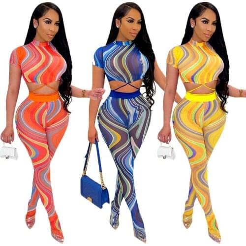Women Sheer Mesh Printed Two Piece Set Short Sleeve Bandage Crop Top And Long Skinny Sock Pants Nightclub Streetwear