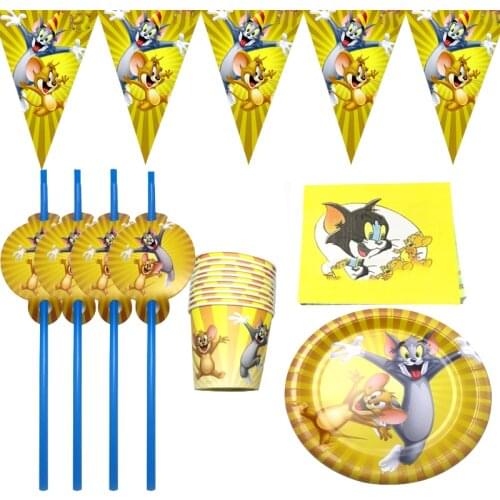 60pcs/lot Tom Cat Jerry Mouse Theme Napkins Happy Birthday Party Straws Flags Plates Cups Decorations Baby Shower Hanging Banner