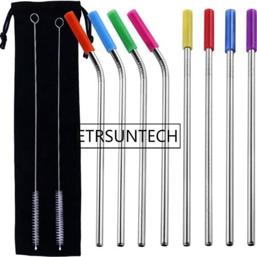 8pcs Reusable Stainless Steel Drinking Straws Set with Silicone Tips Brush Bag Replacement Metal Straws for Home Party Barware