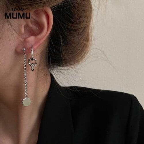 Korean Retro Asymmetrical Silvery Plating Drop Earrings Fashion Round Long Statement Earrings Jewelry For Girl Lady Gifts