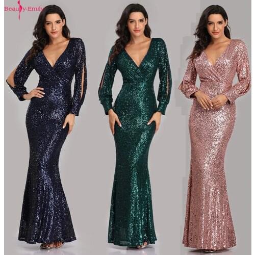 Beauty-Emily Sequins V Neck Evening Dresses 2020 Long Sleeves For Women Formal Mermaid Dress Prom Party Gowns Vestido de noche