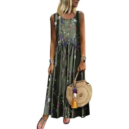 Plus Size Bohemian Flower Print Loose Women Round Neck Sleeveless Maxi Dress fashion