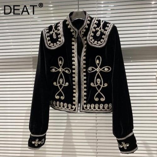 DEAT Women Vintage Diamond Button Braided Floral Velvet Jacket New Long Sleeve Fashion Autumn Winter 2021 11D3048