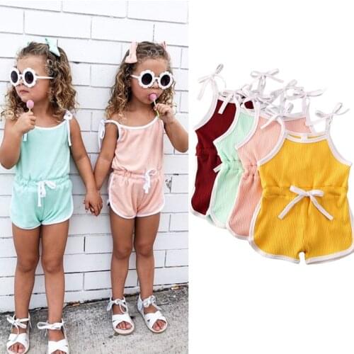 12M-6T Lovely Summer Infant Baby Girls Rompers Overalls Solid Sleeveless Belt Jumpsuits Clothes 4 Colors