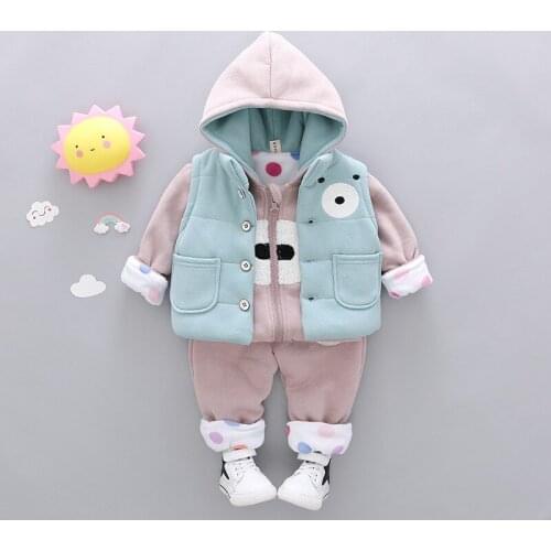 Baby Girl Clothing Sets Winter Cartoon Bear Fleece Hoodies Tops + Vest +Pants Childrens Outfits Kids Clothes 3pcs Suits